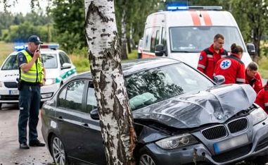 Girtas karys Grinkiškyje su BMW taranavo medį ir sužalojo keleivę